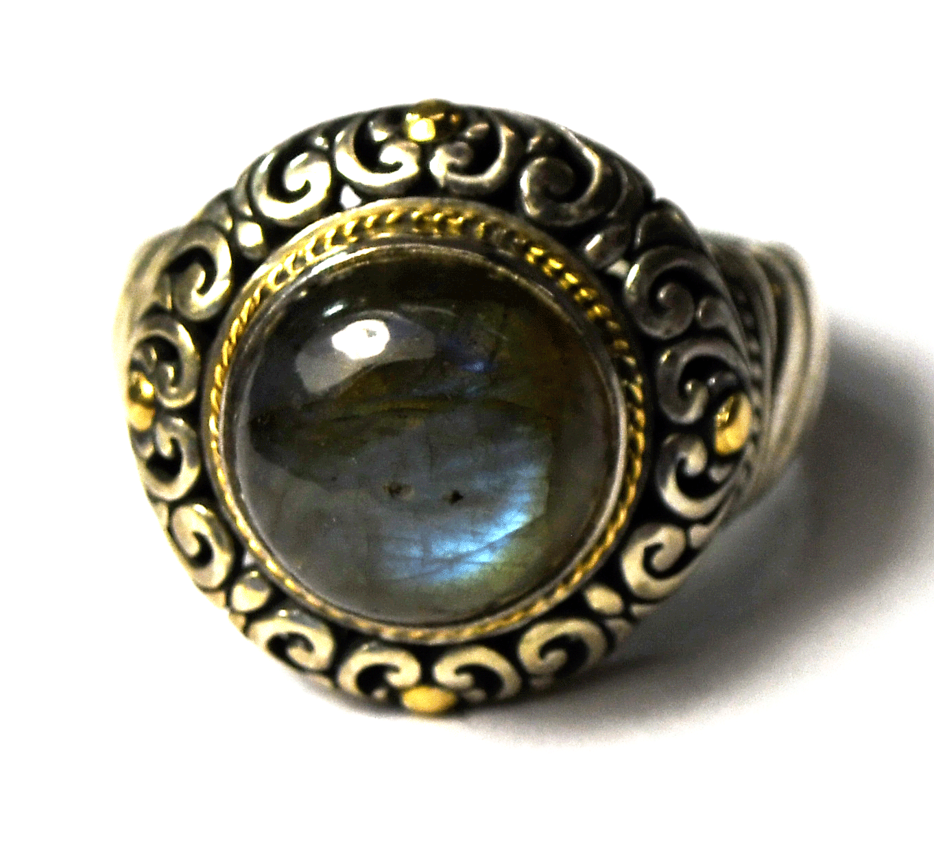 Robert Manse Sterling & 18k Domed Labradorite Scroll Ring 19mm Size 10-1/4