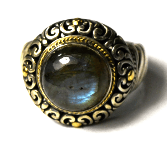 Robert Manse Sterling & 18k Domed Labradorite Scroll Ring 19mm Size 10-1/4