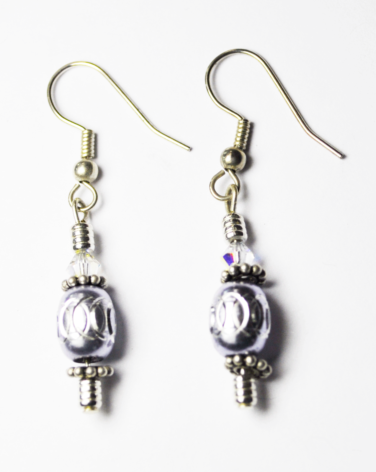 Beautiful Silver Plated Silver Oval Bead Crystal Dangle 1-3/4" Earrings 8mm