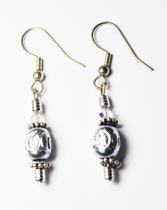 Beautiful Silver Plated Silver Oval Bead Crystal Dangle 1-3/4" Earrings 8mm