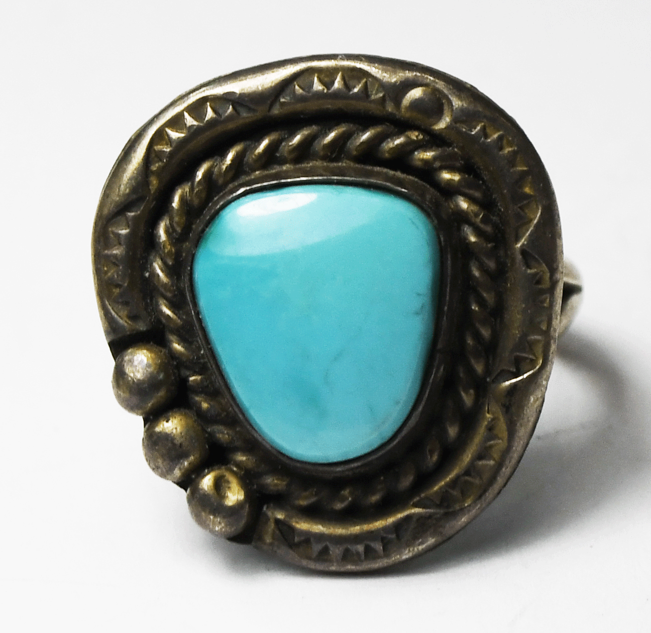 Sterling Silver Antique Turquoise Triangle 3 Dot Ring 22mm Band Size 6