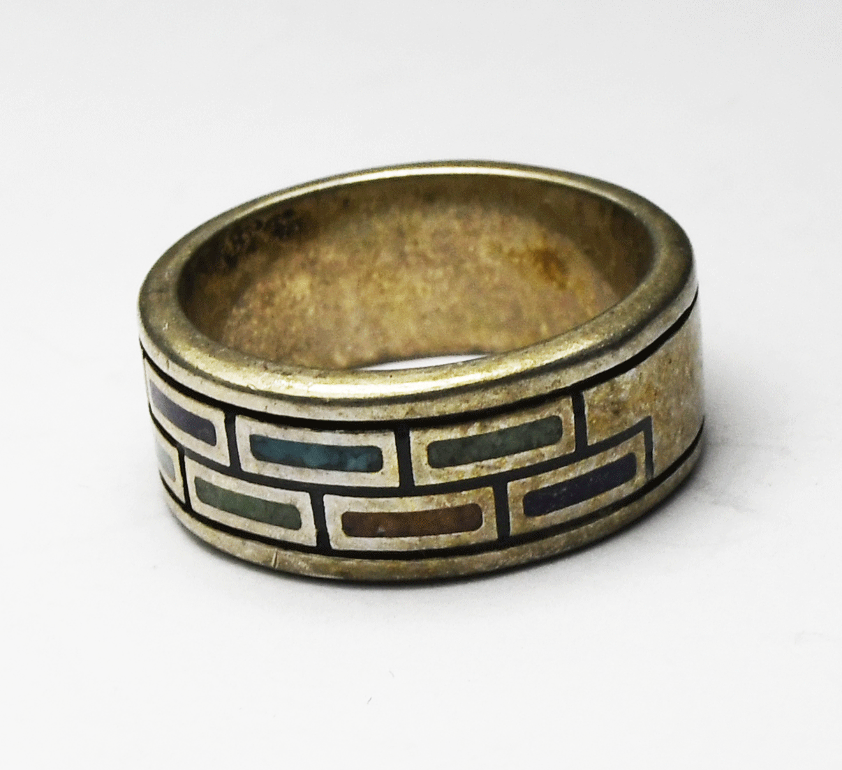 Sterling Waldeck Johnson Chip Inlay Brick Rectangle Ring 14mm Band Size 8