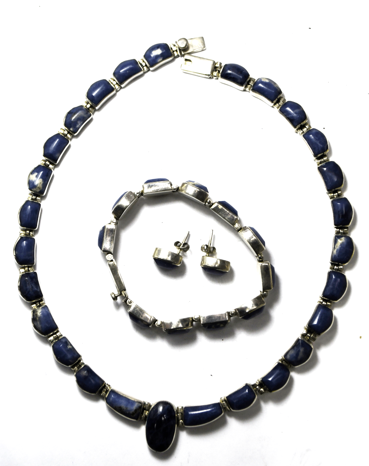 Sterling Blue  Sodalite 18" Necklace 7.5" Bracelet & 13mm Earrings 135g Set