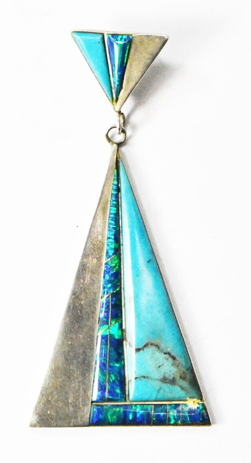 Sterling Reynetsa Leland Triangle Turquoise Fire Opal Inlay Pendant 3-1/4" x38mm