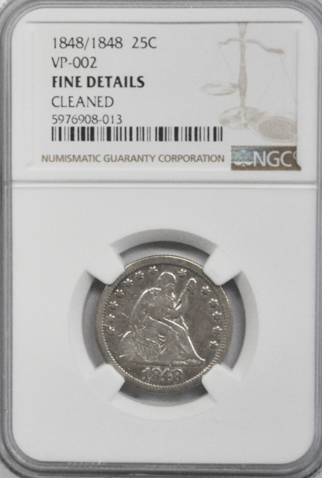 1848/1848 25c Seated Silver Quarter Dollar NGC Fine Details VP-002