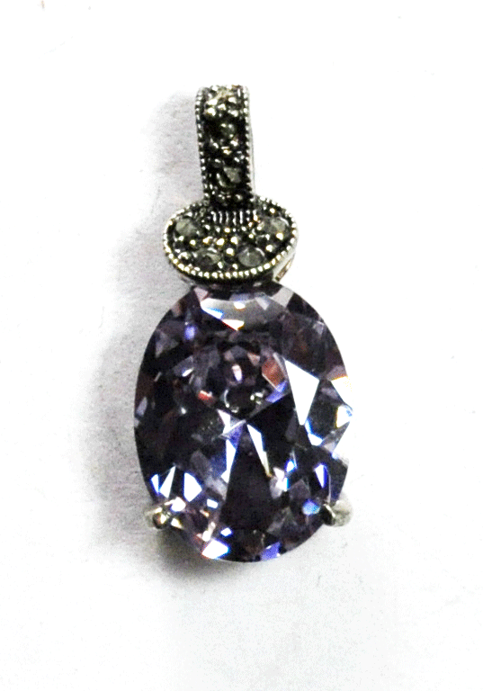 Sterling Silver DBJ Oval Purple CZ Marcasite 28mm x 13mm Pendant 4mm Bale