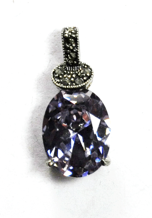 Sterling Silver DBJ Oval Purple CZ Marcasite 28mm x 13mm Pendant 4mm Bale