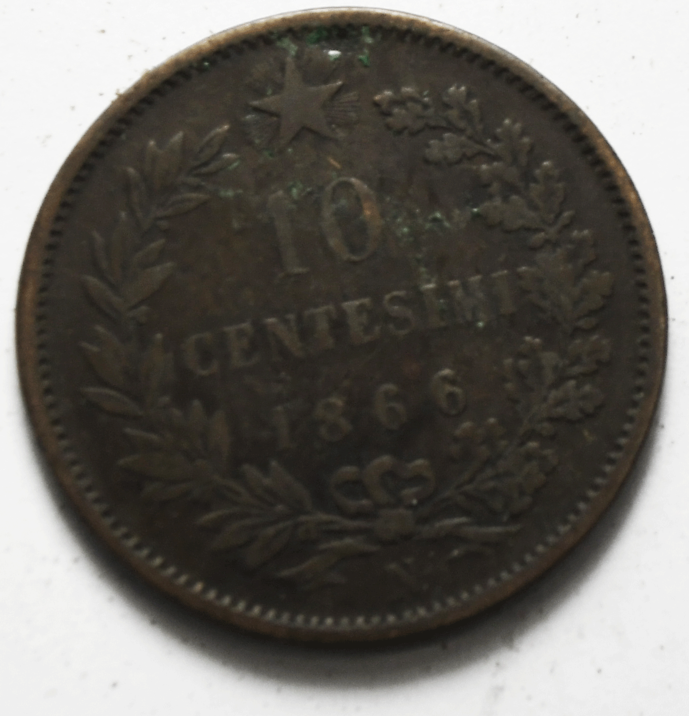 1866 N Italy 10 Ten Centesimi Copper Coin KM# 11.4