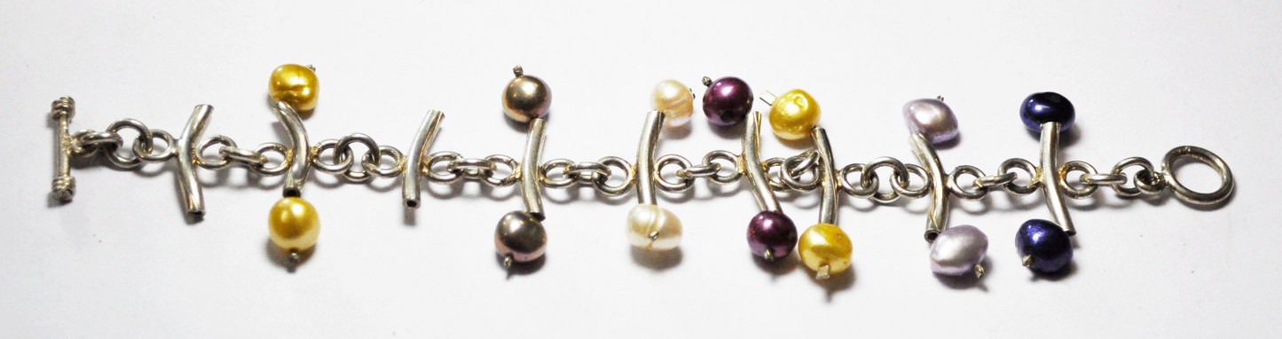 Sterling Silver Bone Color Pearl Bar Chain Link Toggle 40mm Bracelet 7"