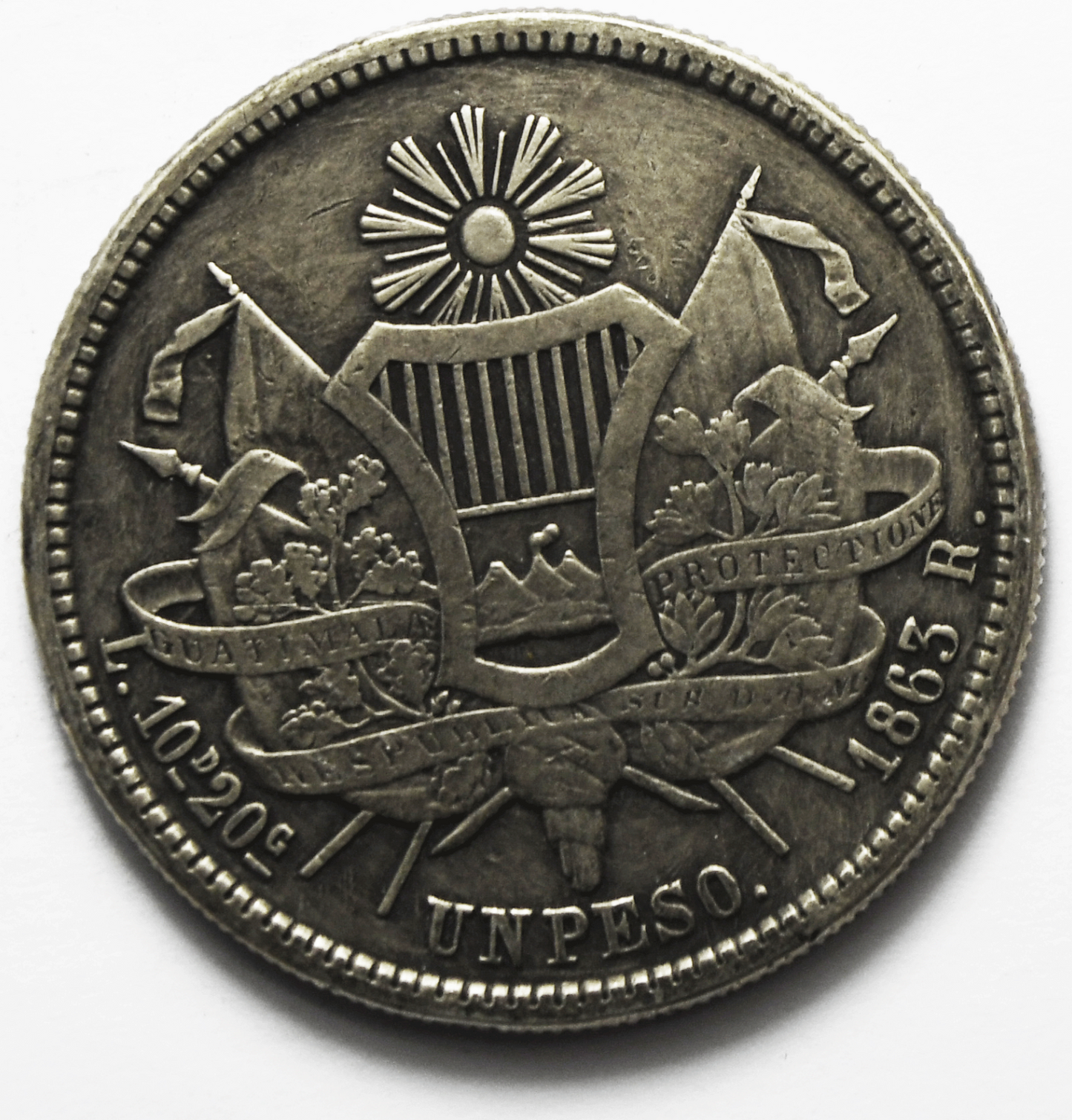 1863 R Guatemala One Peso Silver Coin KM# 182