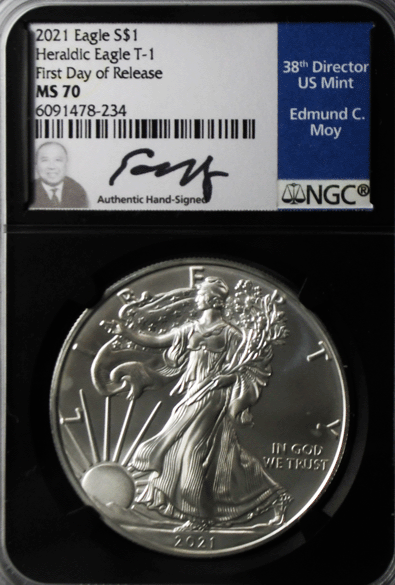 2021 $1 American Silver Eagle NGC MS70 First Day of Release Type 1 Edmund Moy