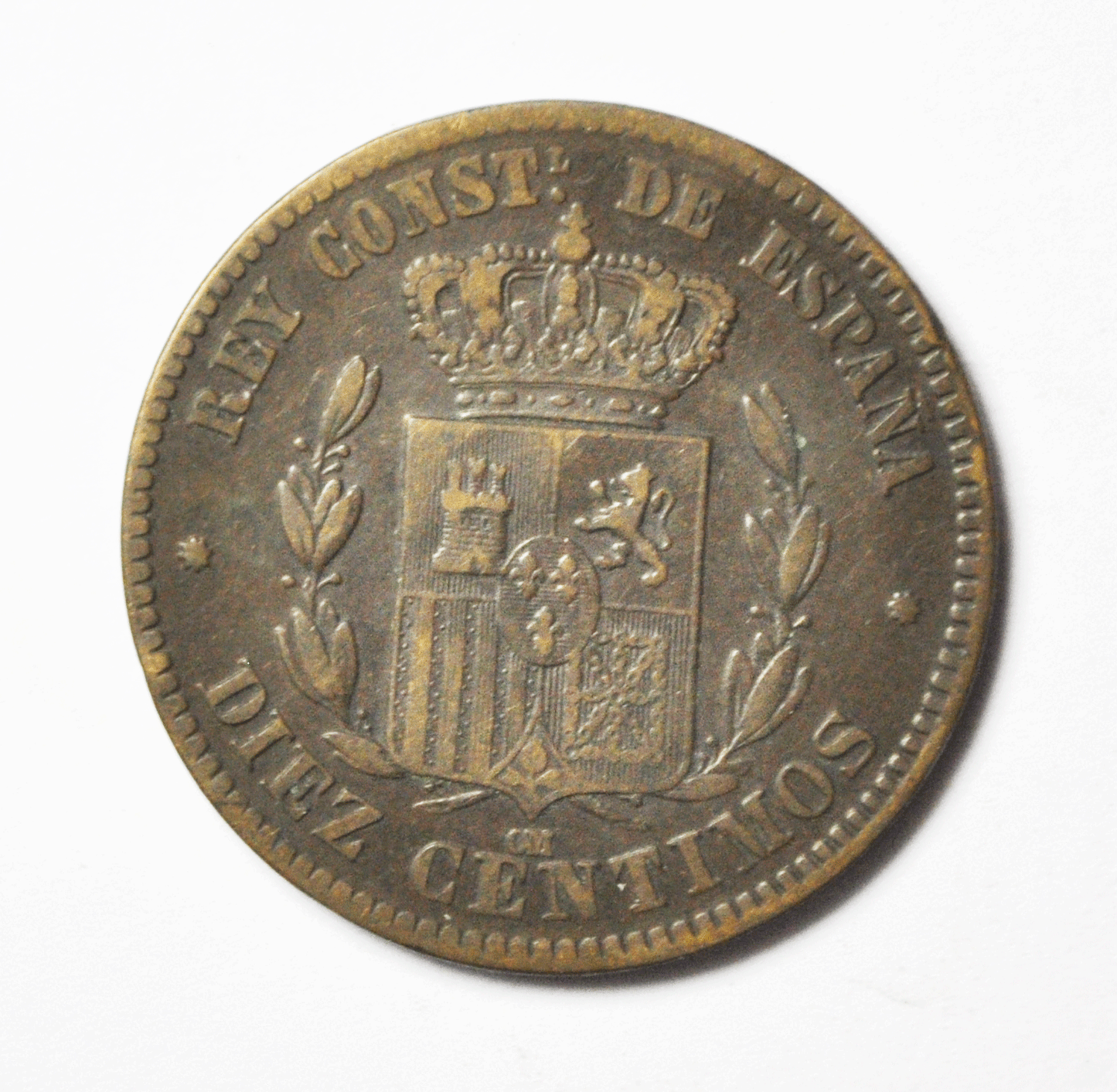 1878 OM Spain 10 Centimos Bronze Coin KM# 675