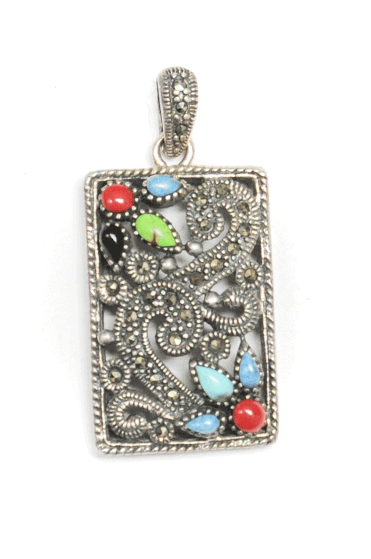 Sterling Silver Multi Color Stone Red Green Blue Marcasite Filigree 21mm x 44mm