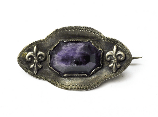 Antique Sterling Silver Mexico Purple Amethyst Fleur De Lis Brooch Pin 2" 29mm