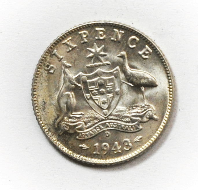 1943 D Australia 6 Six Pence Silver Coin KM#38 Uncirculated