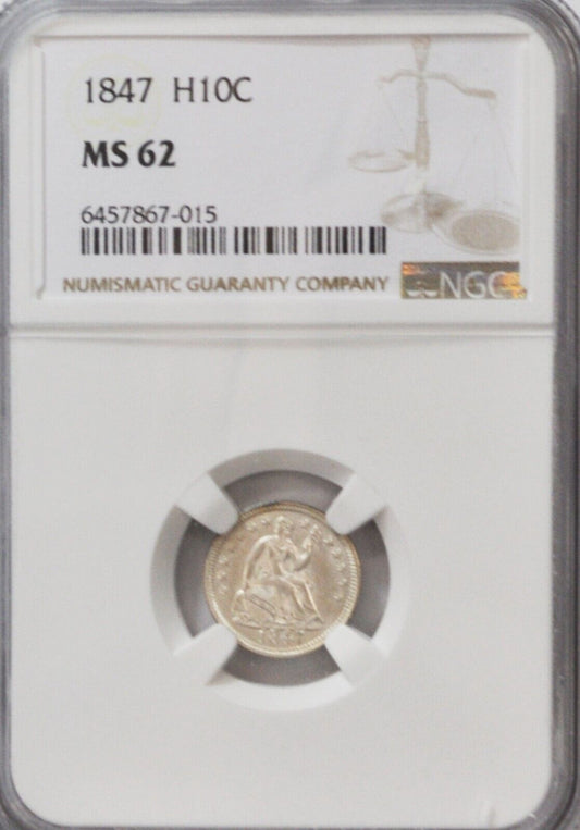 1847 H10c Seated Liberty Silver Half Dime Philadelphia NGC MS62