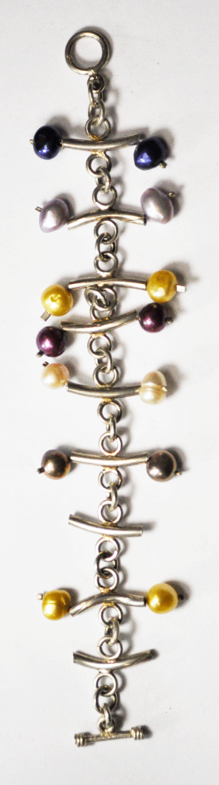 Sterling Silver Bone Color Pearl Bar Chain Link Toggle 40mm Bracelet 7"