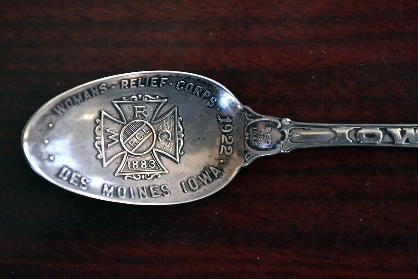 1922 Womens Relief Corps Des Moines Iowa Sterling 5 1/4" Souvenir Spoon .55 oz.