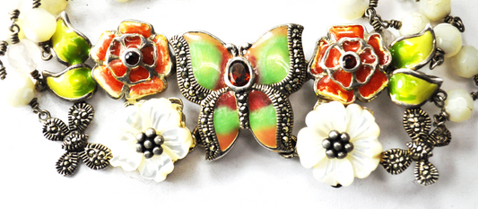 Sterling Silver Butterfly Flower Enamel Quartz Bead 3 Strand 29mm Bracelet 8"