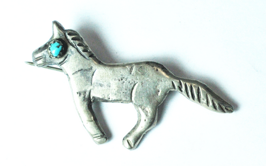 900 Fine Silver Turquoise Horse Brooch Pin Sand Cast 2-1/8" x 1-1/4" Equestrian