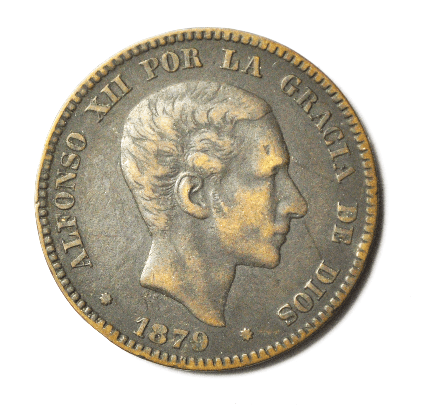 1879 OM Spain 10 Centimos Bronze Coin KM# 675