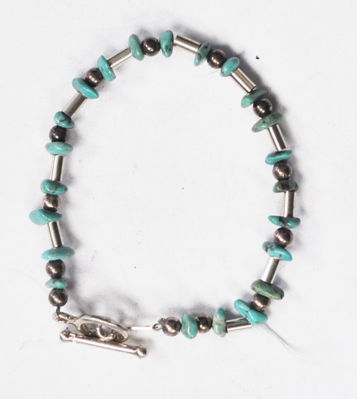 Sterling Jordan Turquoise Chunk Tube & Ball Bead Toggle Bracelet 7mm 6-3/4"