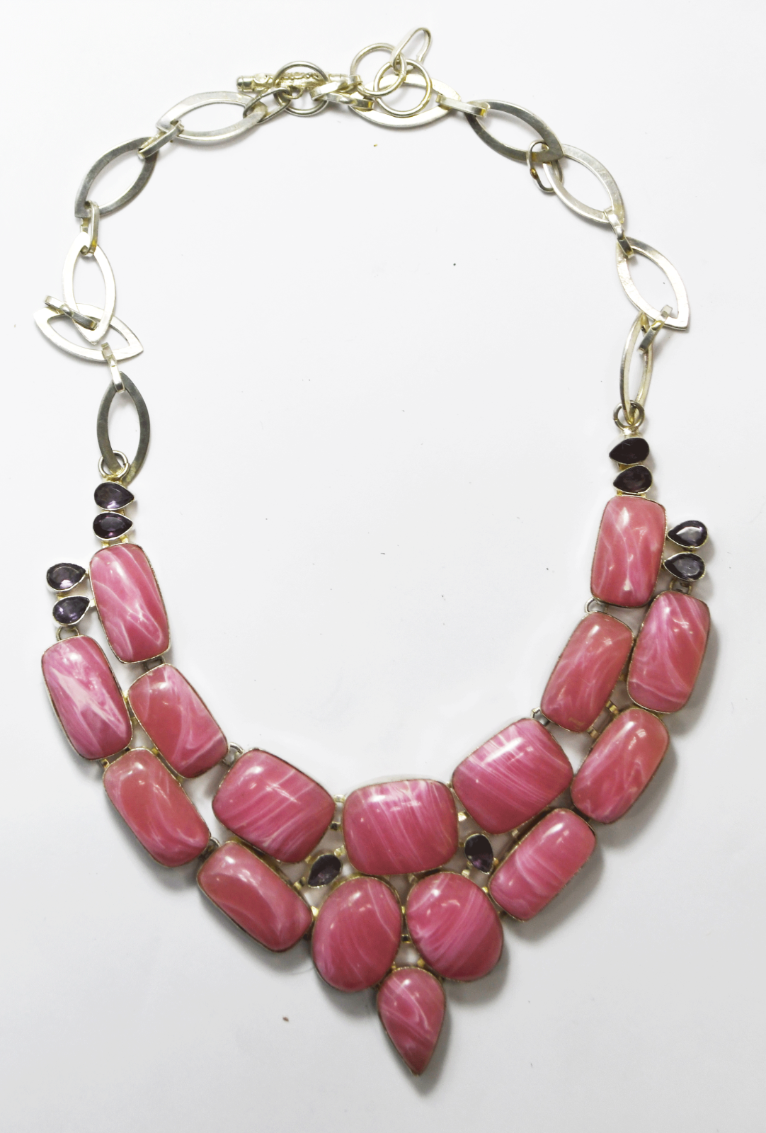 Sterling Pink Rhodochrosite Amethyst Large Heavy Toggle Necklace 23"