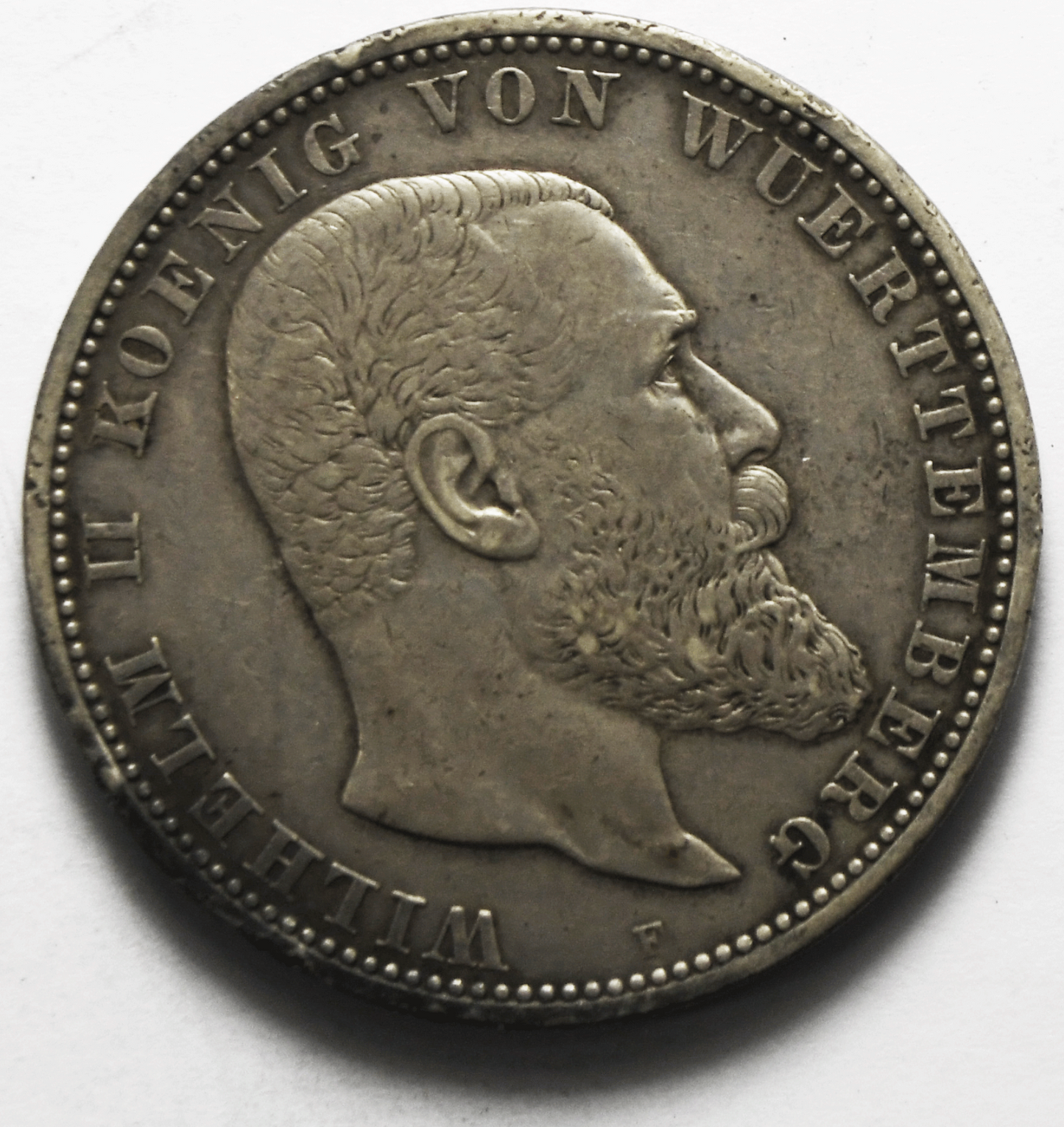 1908 F German States Württemberg 5 Five Mark Silver Coin KM# 632