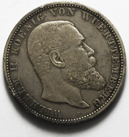 1908 F German States Württemberg 5 Five Mark Silver Coin KM# 632