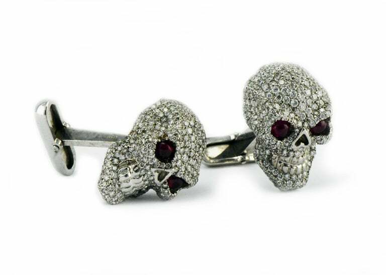 18kt Solid Gold and 3.5 Carat Diamond Skull Cufflinks w/Ruby Eyes 23.8 Grams