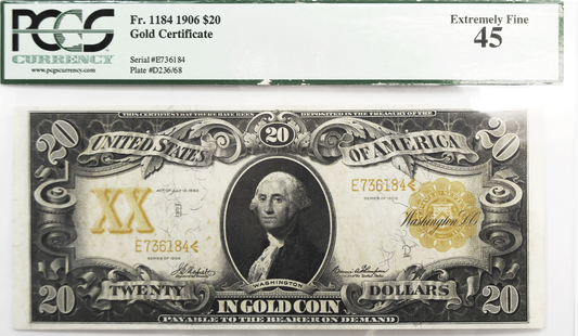 1906 $20 Twenty Dollars Gold Certificate Large Note FR#1184 E736184 PCGS 45