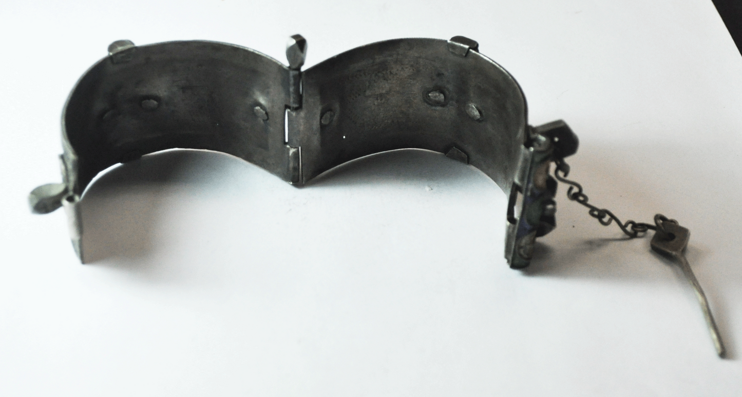 Antique Silver 800 Fine Enamel Peg Bangle Bracelet 32mm 7" Wrist