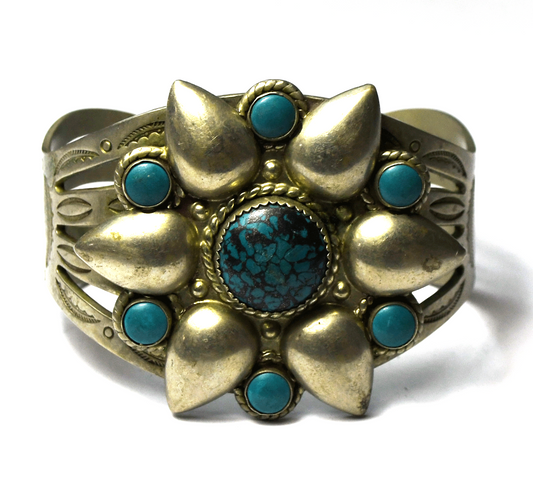 Vintage Nickel Silver Turquoise Nickel Silver Flower Pinwheel 43mm 6-1/2" Wrist