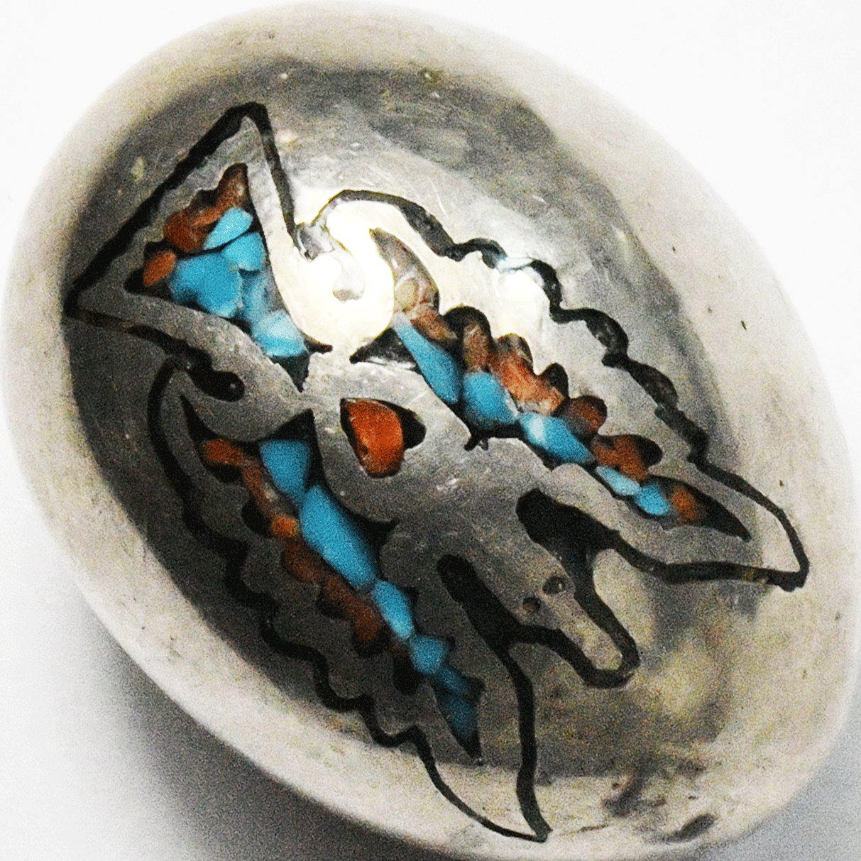 Sterling Turquoise Coral Chip Inlay Thunderbird Egg Slider Pendant 37x27mm