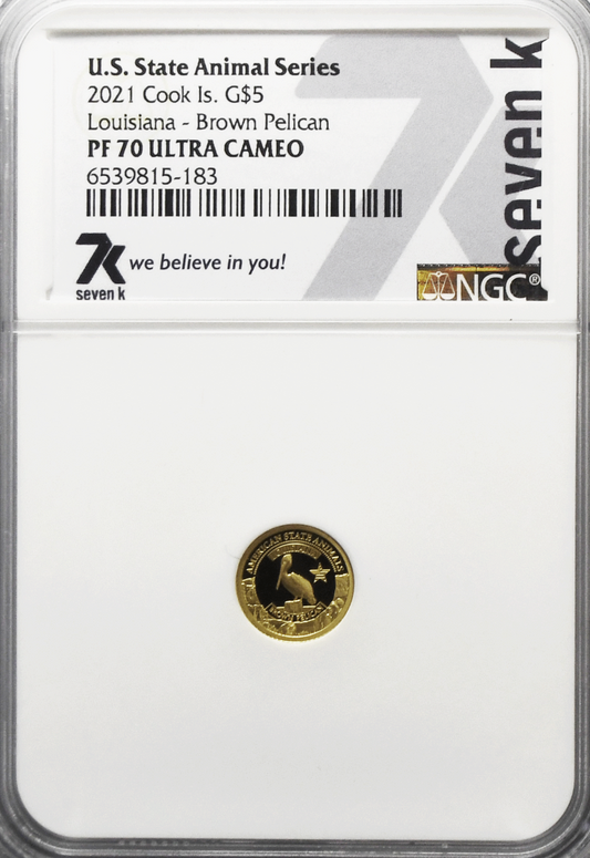 2021 $5 Cook Is Gold .5g Animal Series 7k NGC PF70 UC Louisiana Brown Pelican
