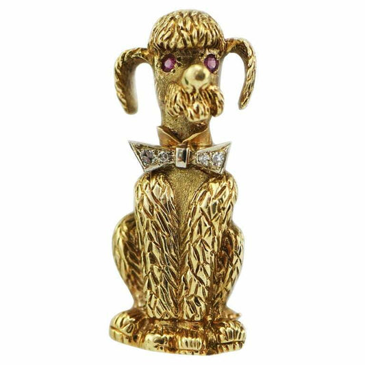 Vintage 14kt Yellow Gold Poodle Pin Pendant with Ruby Eyes and Diamond Bowtie