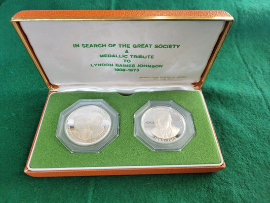 Salute To L.B.J. President Lyndon Johnson 2pc Franklin Mint Sterling Medals