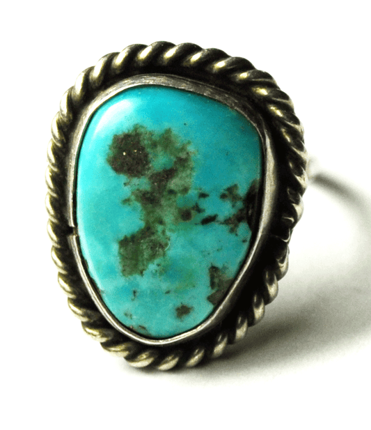 Antique Sterling Silver Turquoise 21mm Solitaire Ring Size 4