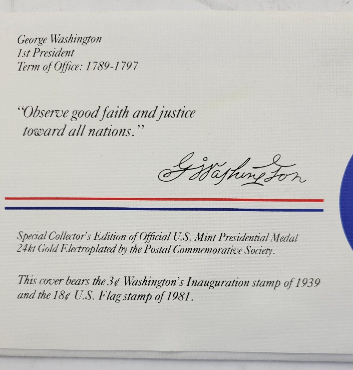 G Washington Presidential Covers Medal Postal Commemorative Society Gold Plated