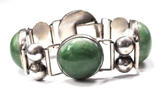 Mexico Silver Round Domed Green Jade 26mm Toggle 7-3/4" Bracelet 68g