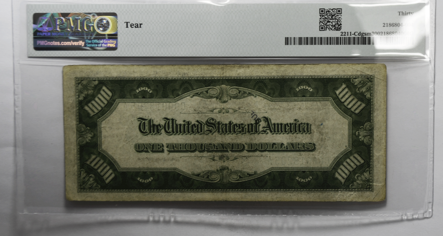 1934 $1000 Federal Reserve Note C00018205A Fr#2211C DGS Mule PMG 30 Tear