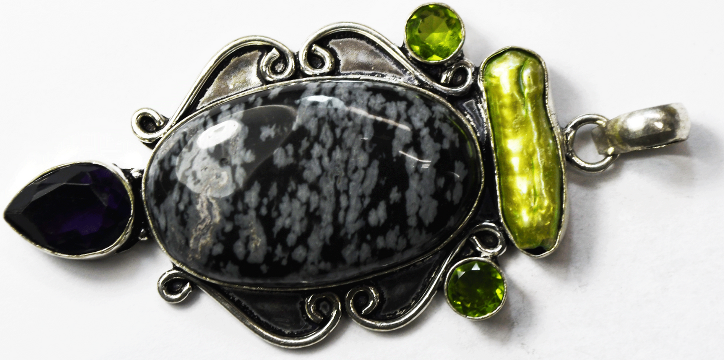 Sterling Silver Grey & Black Jasper MOP Peridot Amethyst Pendant 35mm x 75mm