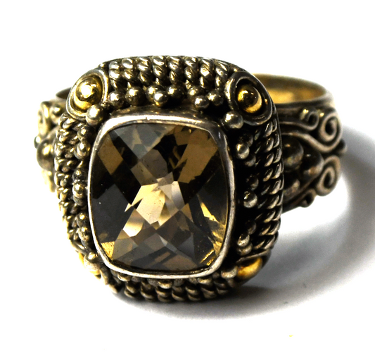 Sterling Suarti 18k Two Tone Smoky Quartz Ornate Ring 19mm Size 11