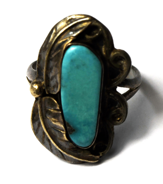 Antique Sterling Silver Turquoise Floral Leaf Ring 26mm Size 7-1/2