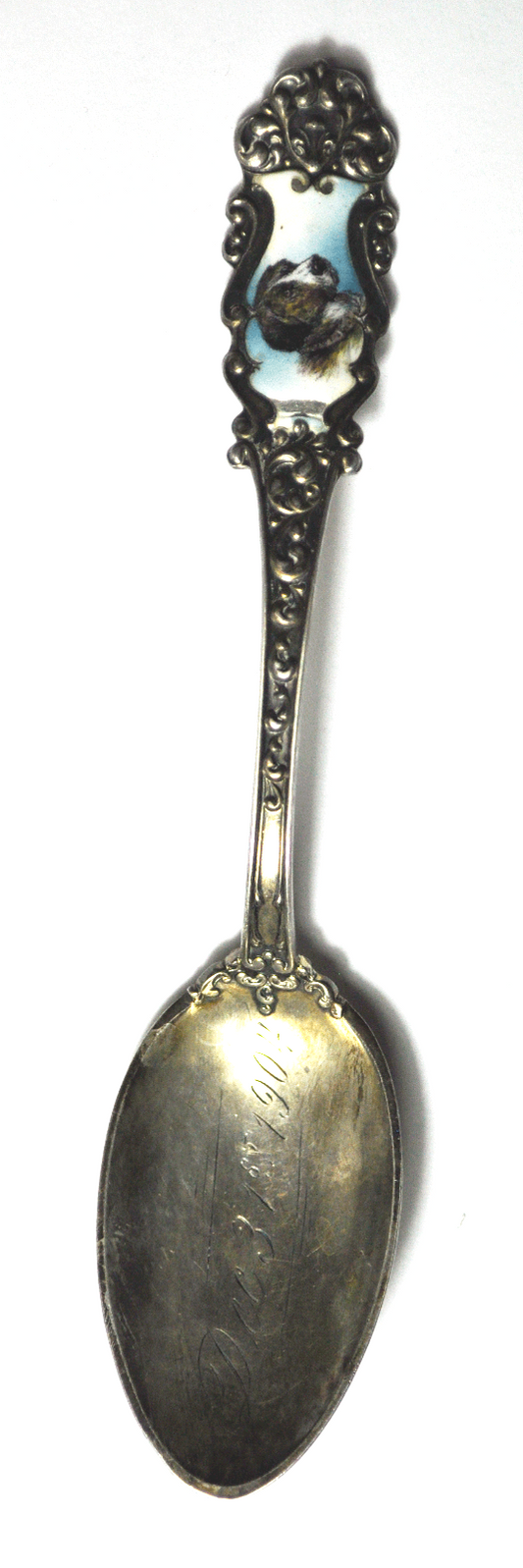 Sterling Silver Mechanics Saint Bernard Enamel Teaspoon Dec 31 1904 5-3/4"