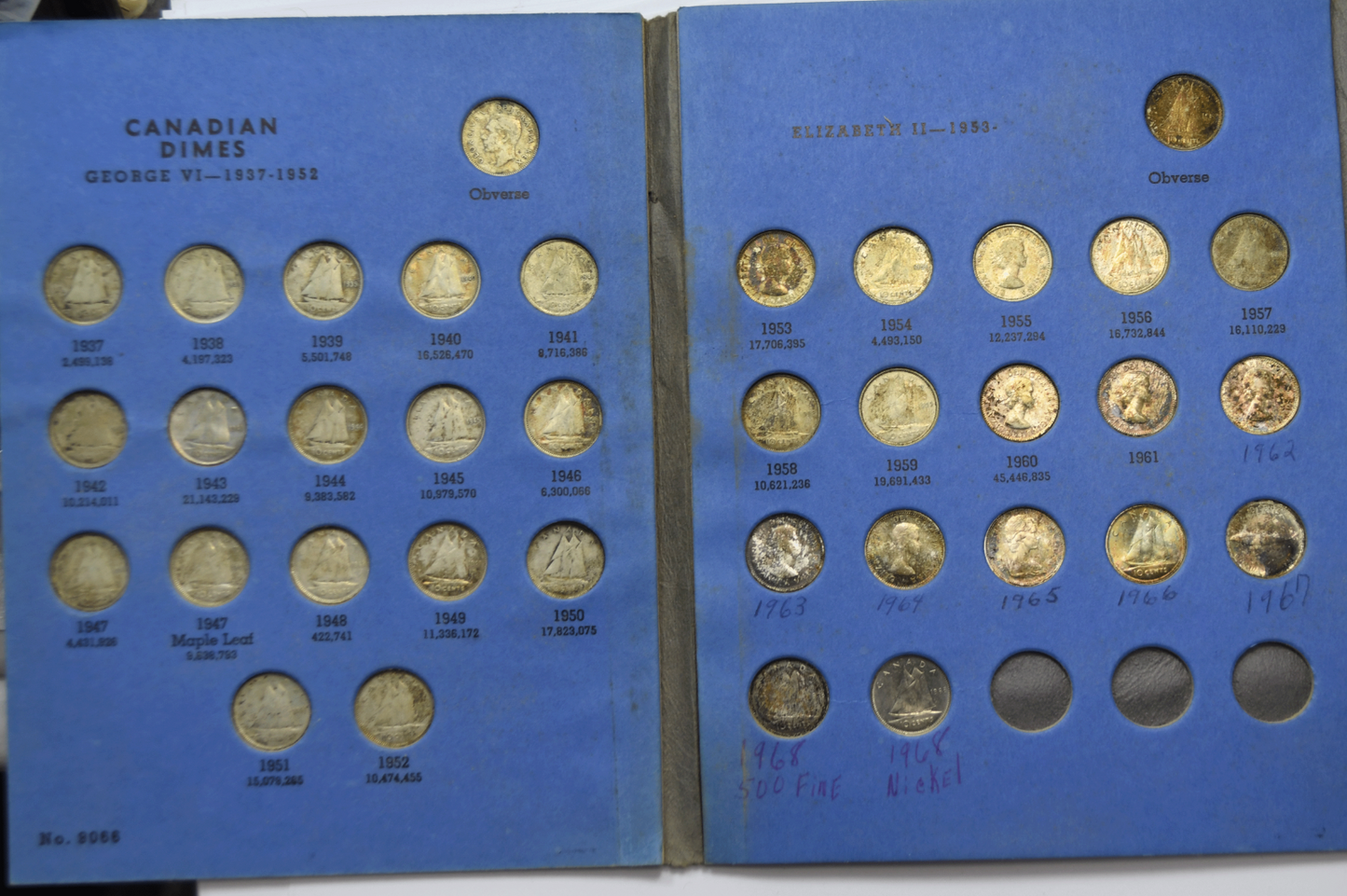1937-68 Canada Silver Ten Cents Dime Set in Book 36 No Duplicated