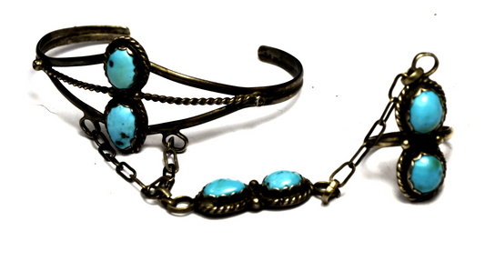 Sterling Slave Turquoise 25mm Cuff 6" Wrist 28mm Ring Size 5 Attached Set