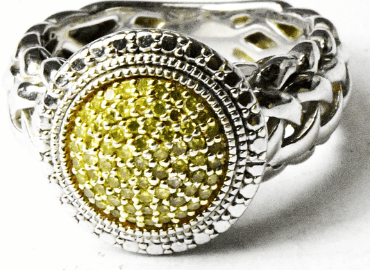 Sterling Silver JS Yellow Diamond Pave Round Weave Edge Ring 14mm Size 6