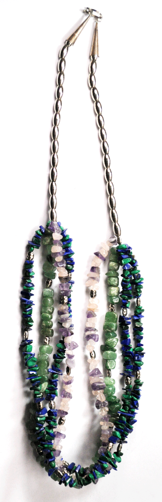 Sterling Silver Jade Malachite Lapis Bead 4 Strand Necklace Heavy 7ozt.  30"