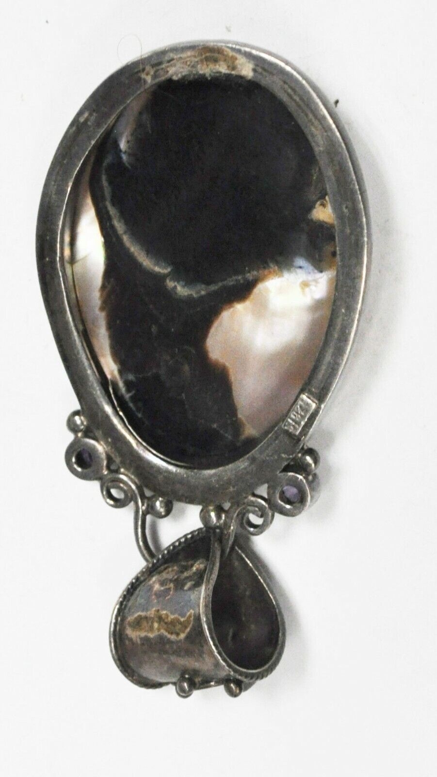 Sterling SJ925 Oval MOP Amethyst Ornate Large 9mm Bale Pendant 37mm x 2-3/4"